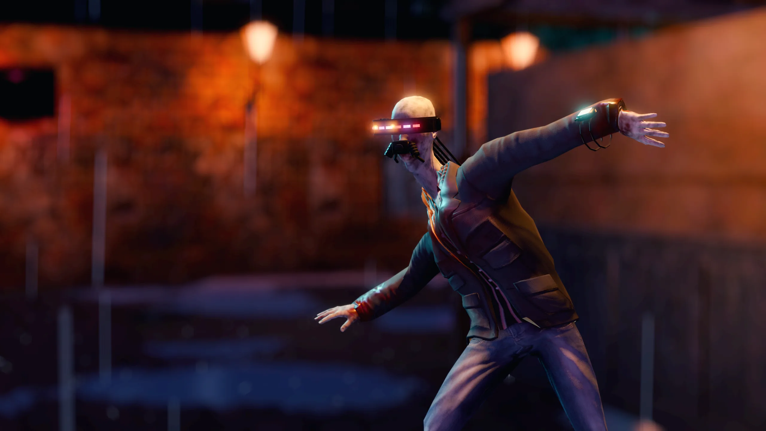 A Glitched, a chip-wearer turned zombie, amber eyes in the dark