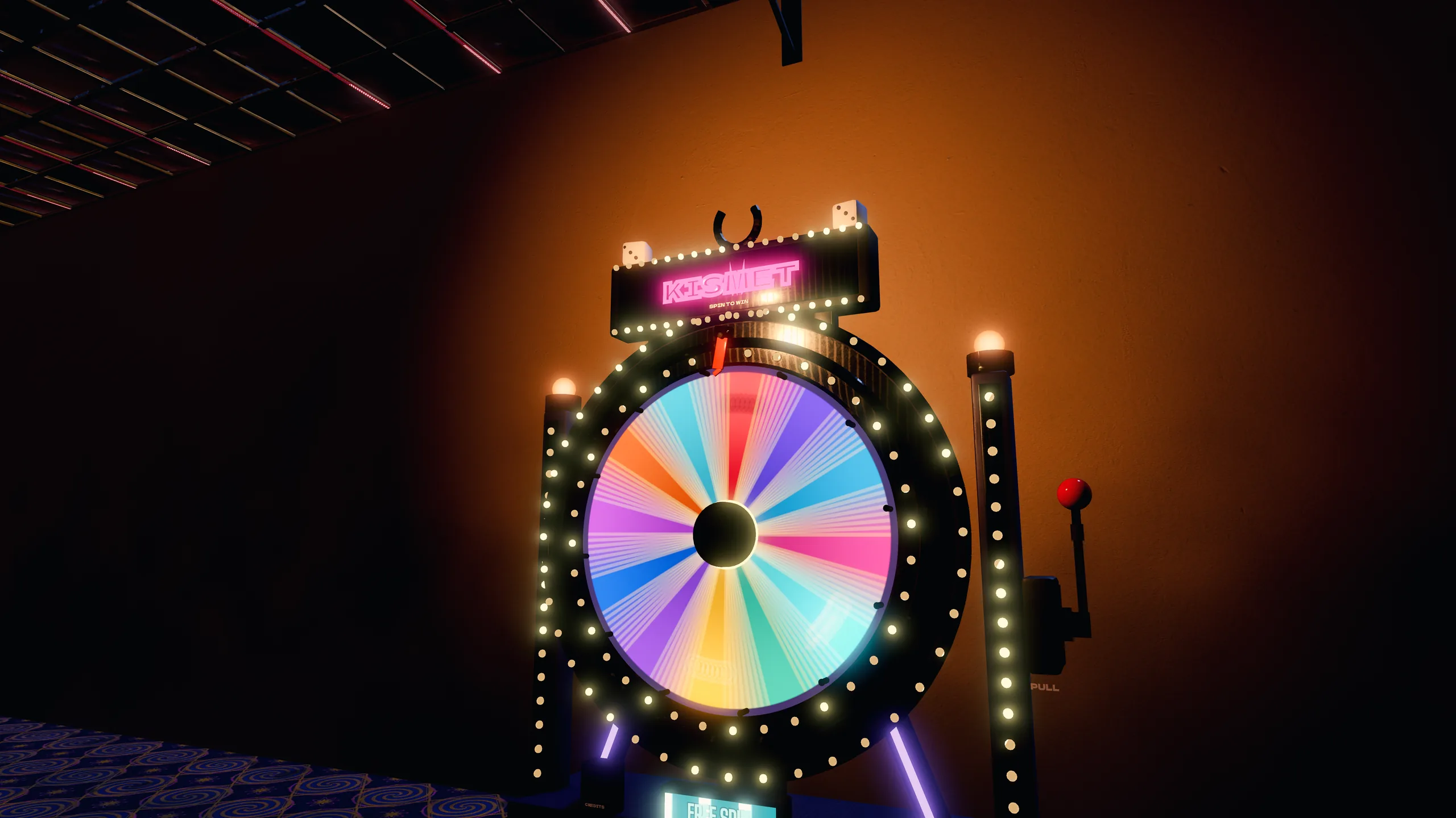 The Kismet Wheel, a street prize wheel, lit up